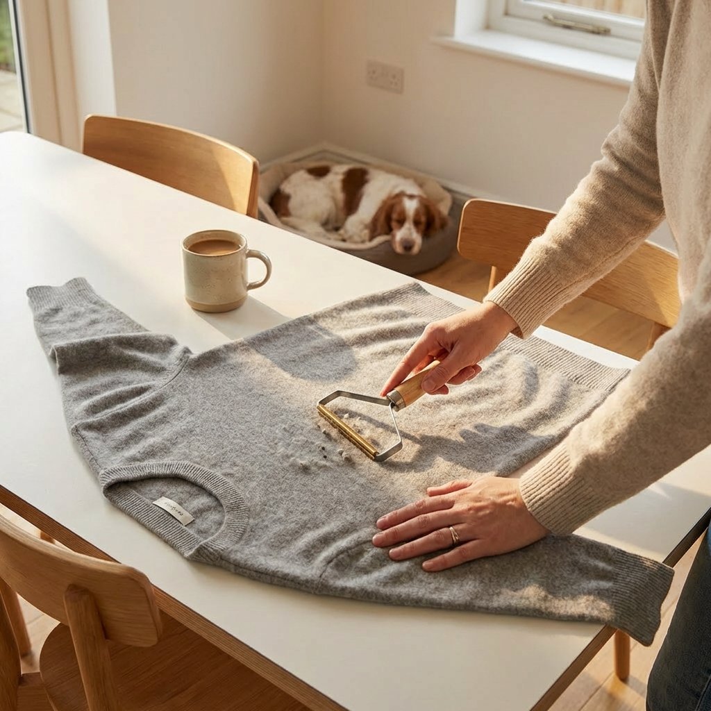 Close-up of FuzzBGone™ Pro tool in use on a sweater