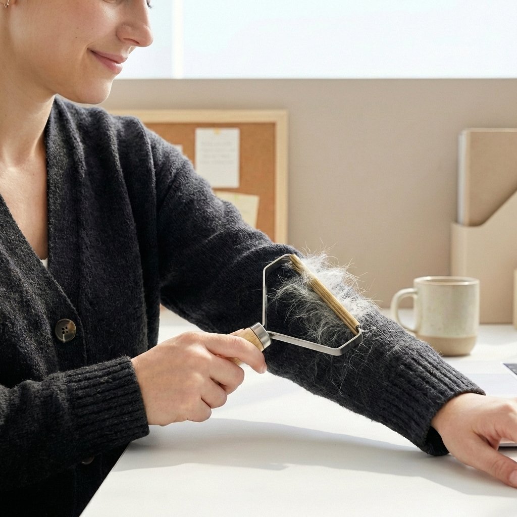 Close-up of a pilled grey sweater fabric before treatment