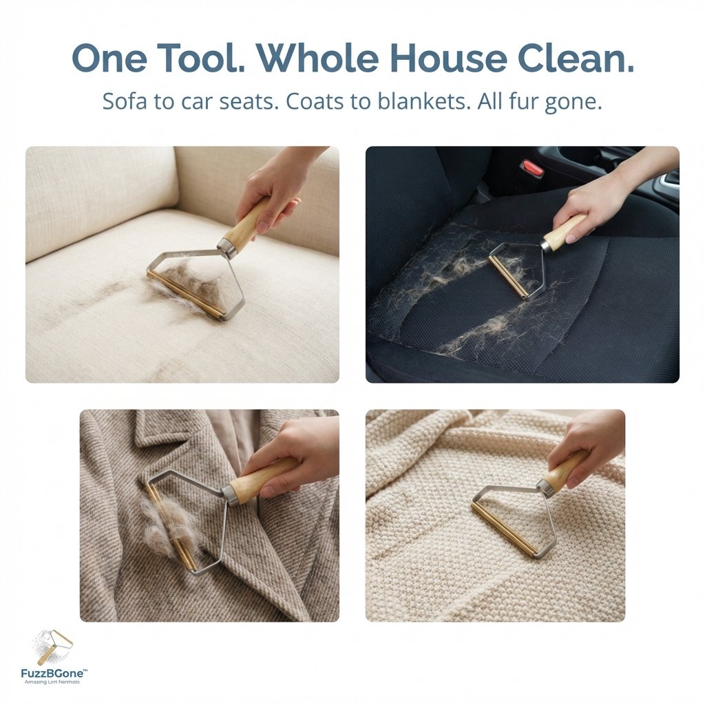 FuzzBGone™ Pro fabric remover tool with wooden handle showing premium craftsmanship